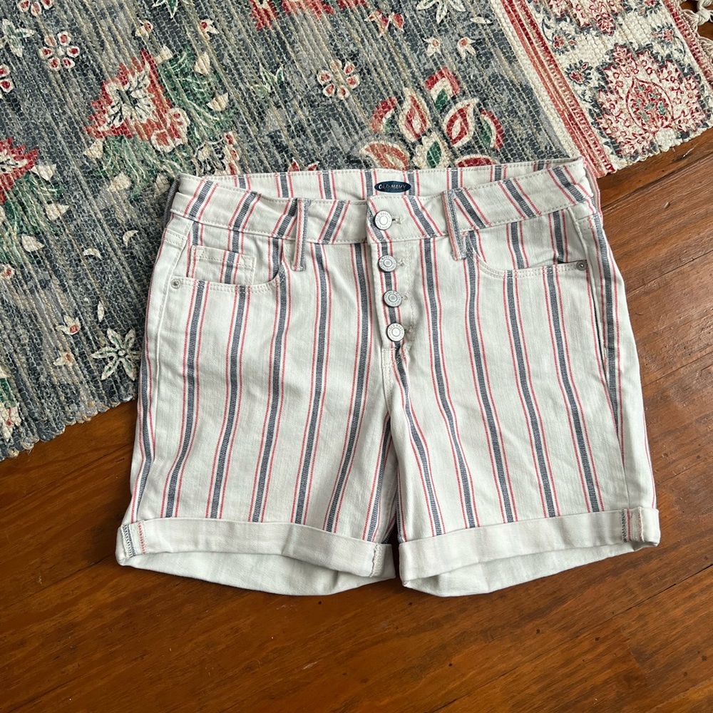 Old Navy White Denim Jean Shorts with Red and Blue Stripes